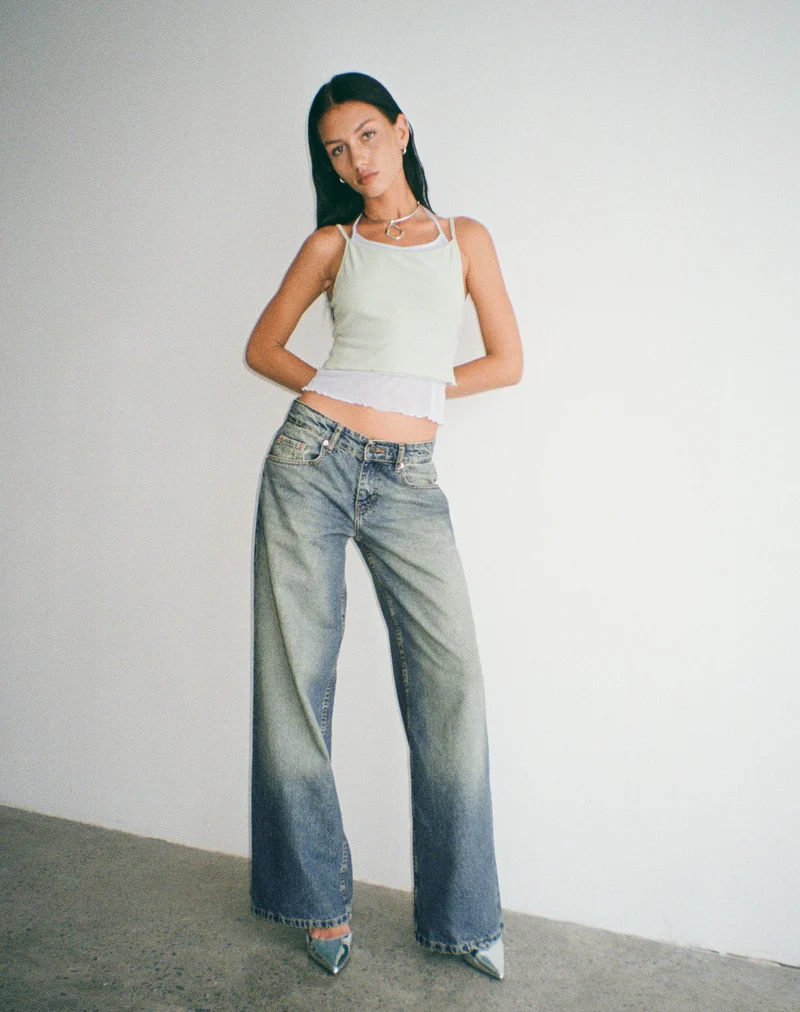 Jean à taille basse extra-large Roomy en bleu vert extrême