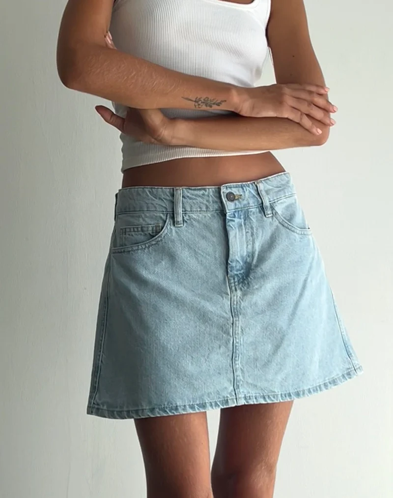 Mini jupe ligne A, bleu denim bleach