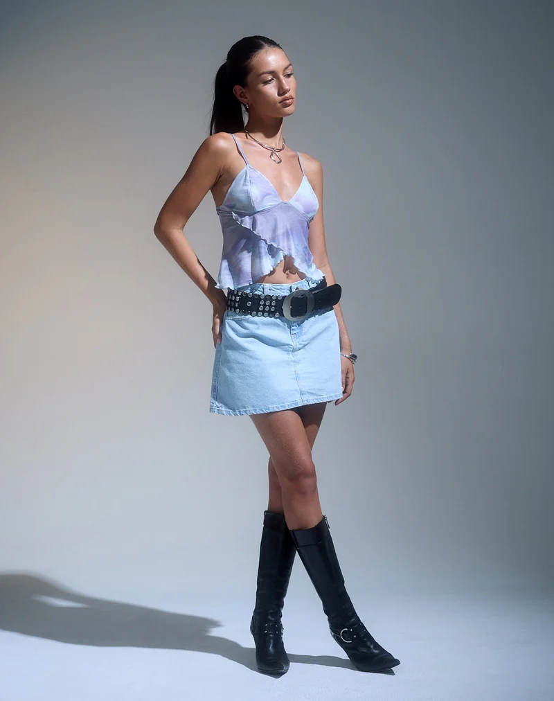 Mini jupe ligne A, bleu denim bleach