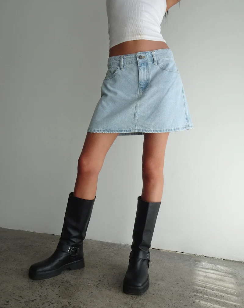 Mini jupe ligne A, bleu denim bleach