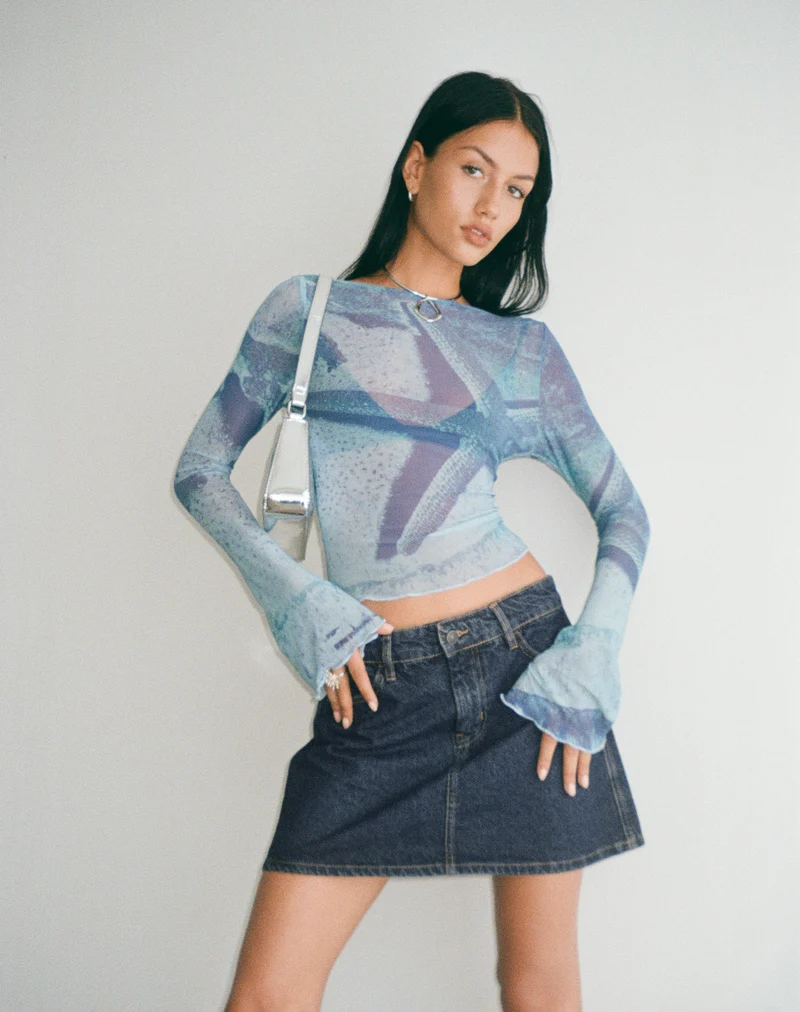 Mini jupe ligne A, denim indigo