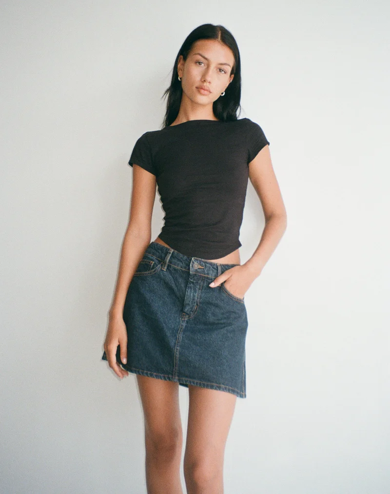 Mini jupe ligne A, denim indigo
