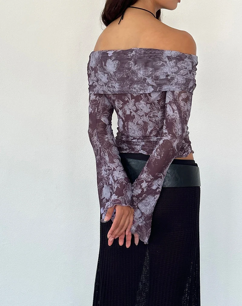Top bardot Noelle, Botanic Sketch Purple