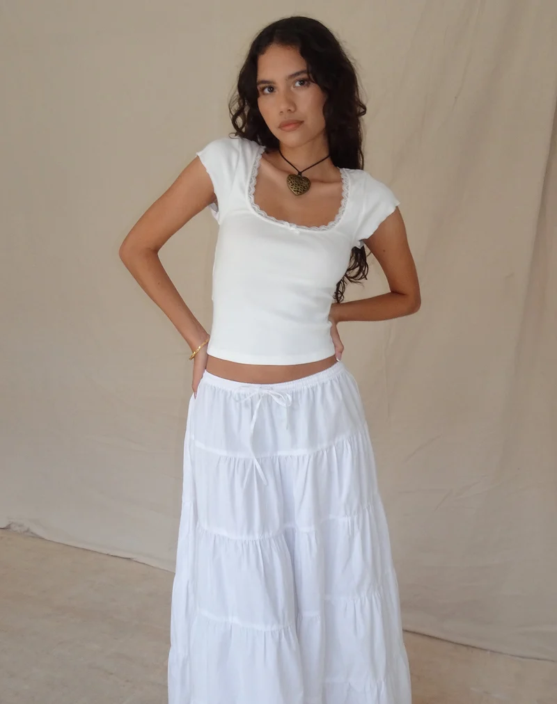 Bovillo - T-shirt à bordures en dentelle, côtelé, blanc cassé