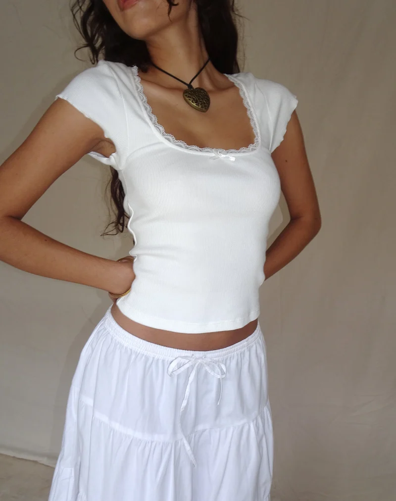 Bovillo - T-shirt à bordures en dentelle, côtelé, blanc cassé