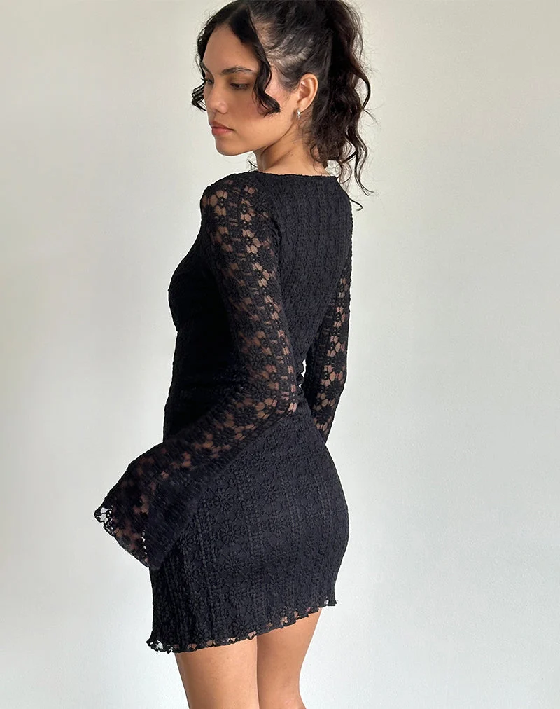 Mini robe à manches longues Sevila en dentelle royale noire