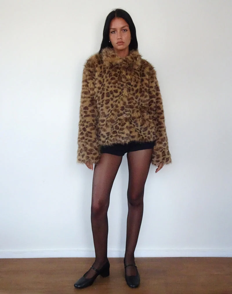 Joji Crop Faux Fur Jacket in Brown Leopard