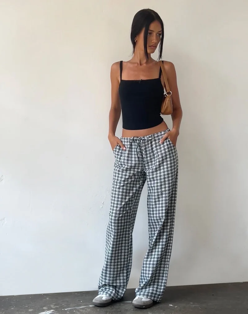 Pantalon à jambes larges Lirura, à carreaux brandebourgs