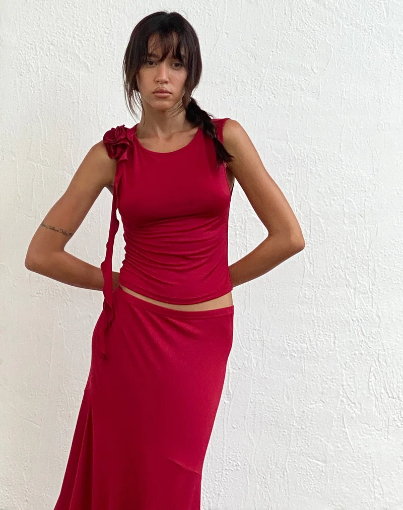 Top à rosettes Morena, rouge