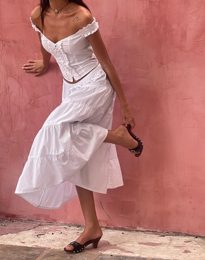Izumi Tiered Midi Skirt, Poplin White