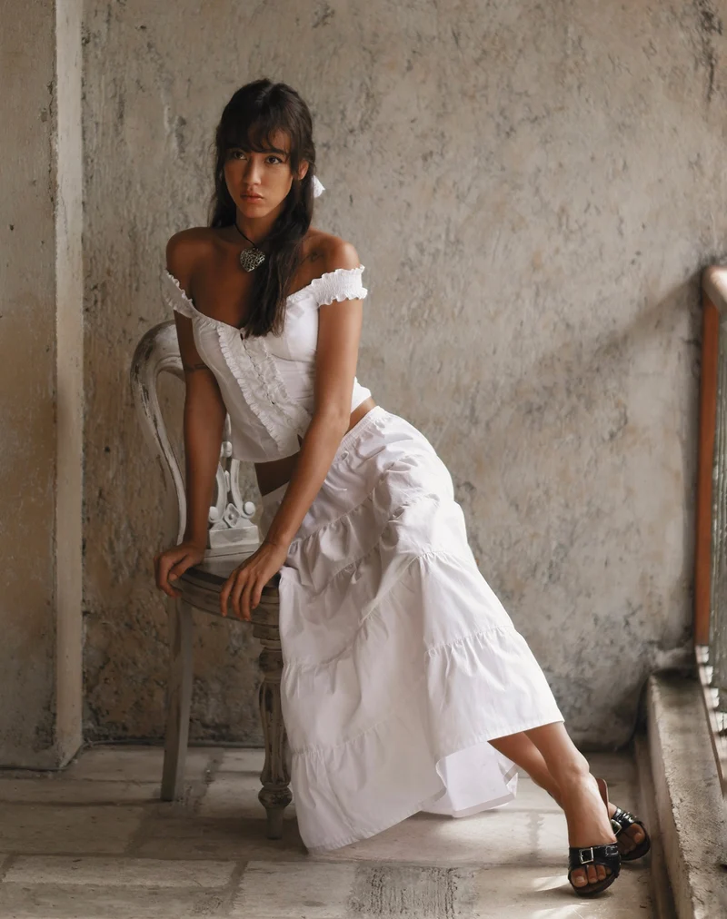 Izumi Tiered Midi Skirt, Poplin White