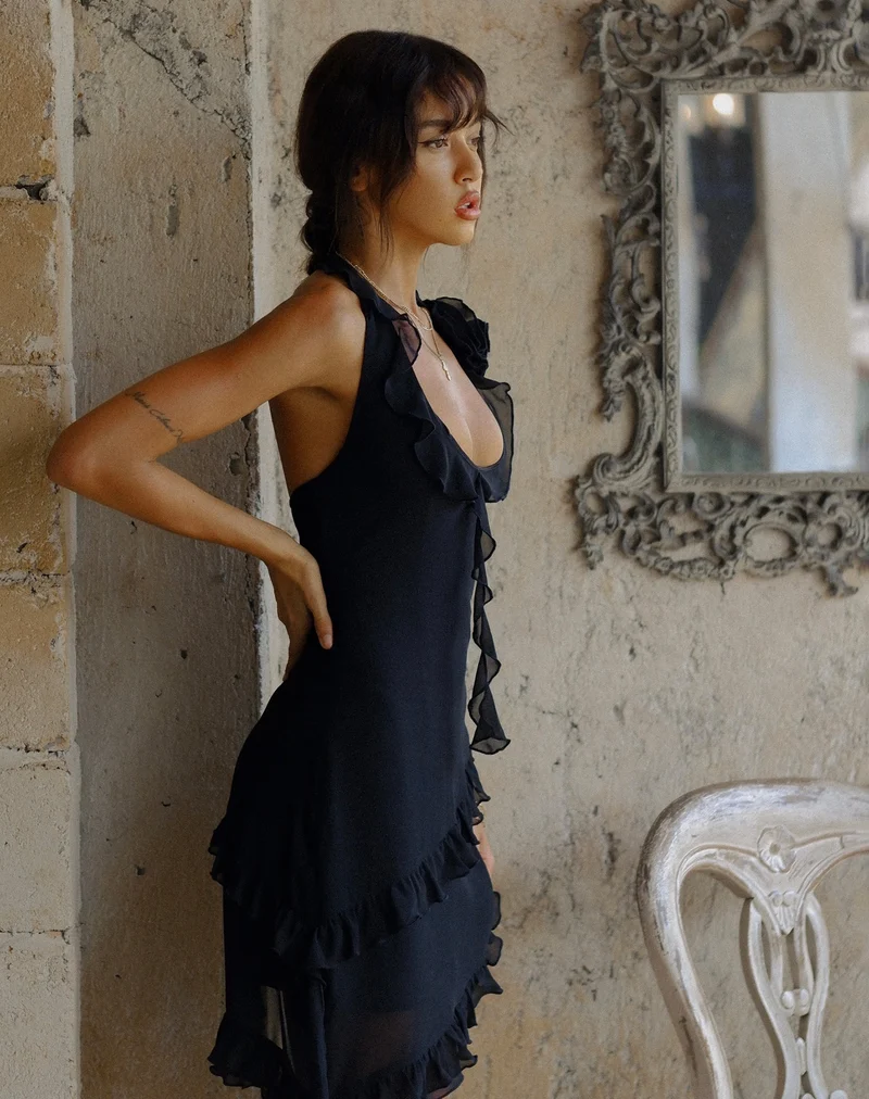 Mini robe à volants Margaret en mousseline de soie noire avec rosette