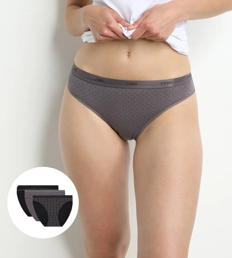 Lot de 3 slips noirs et gris imprimés Femme Les Pockets Coton