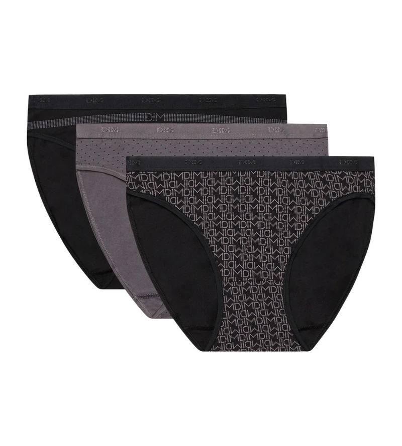 Lot de 3 slips noirs et gris imprimés Femme Les Pockets Coton