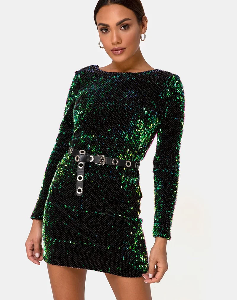 MOTEL DELUXE - Gabby - Robe à paillettes à dos plongeant - Vert irisé