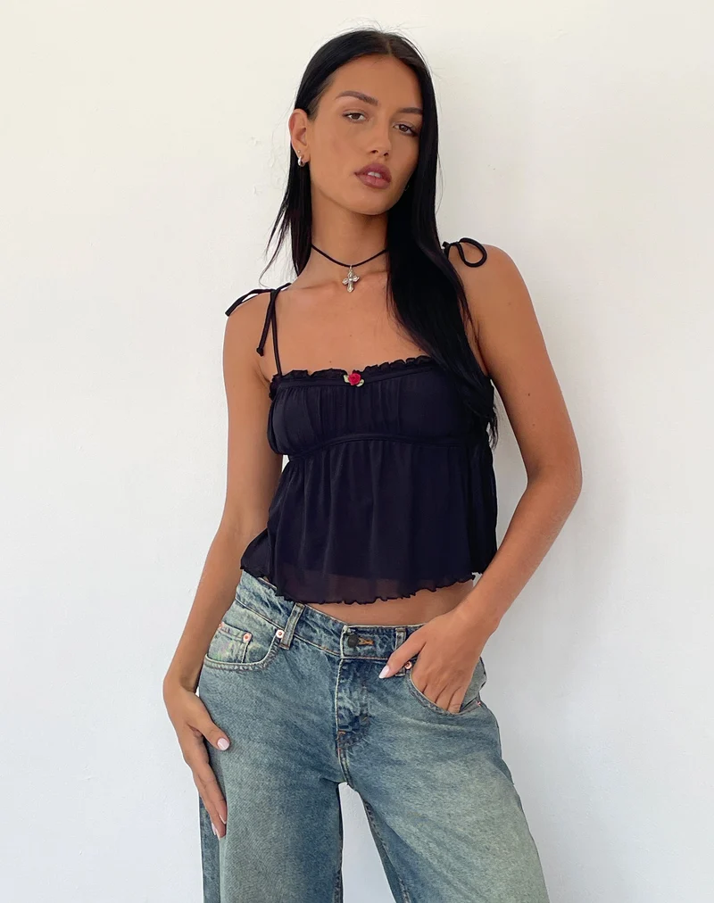 Top Cami Damaris en noir avec bordure noire