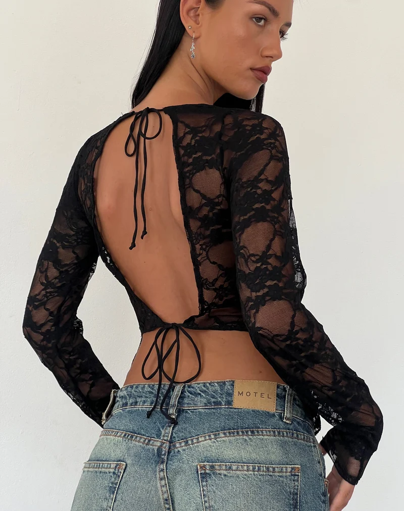 Top à manches longues et dos nu Grizelda en dentelle abstraite noire
