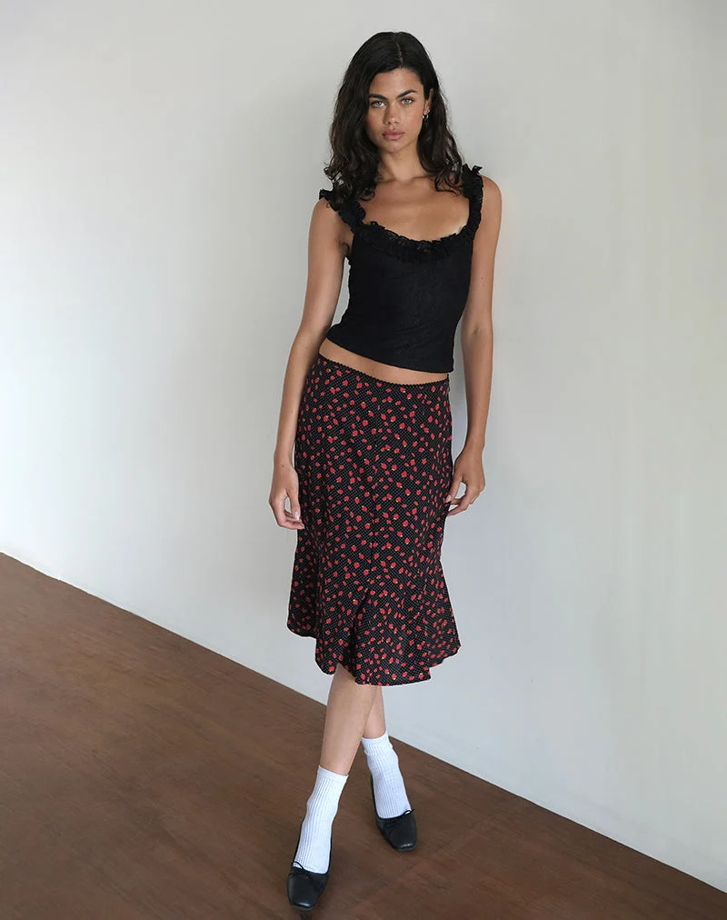 Jupe midi Sima, Strawberry Polka Black