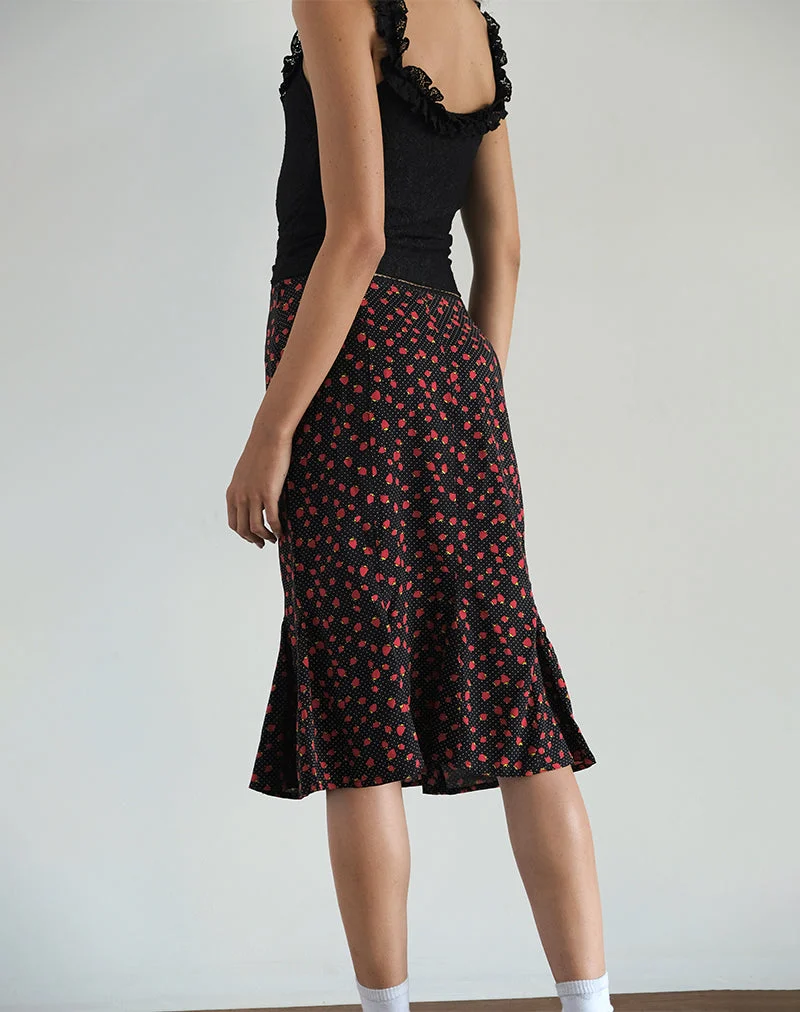 Jupe midi Sima, Strawberry Polka Black