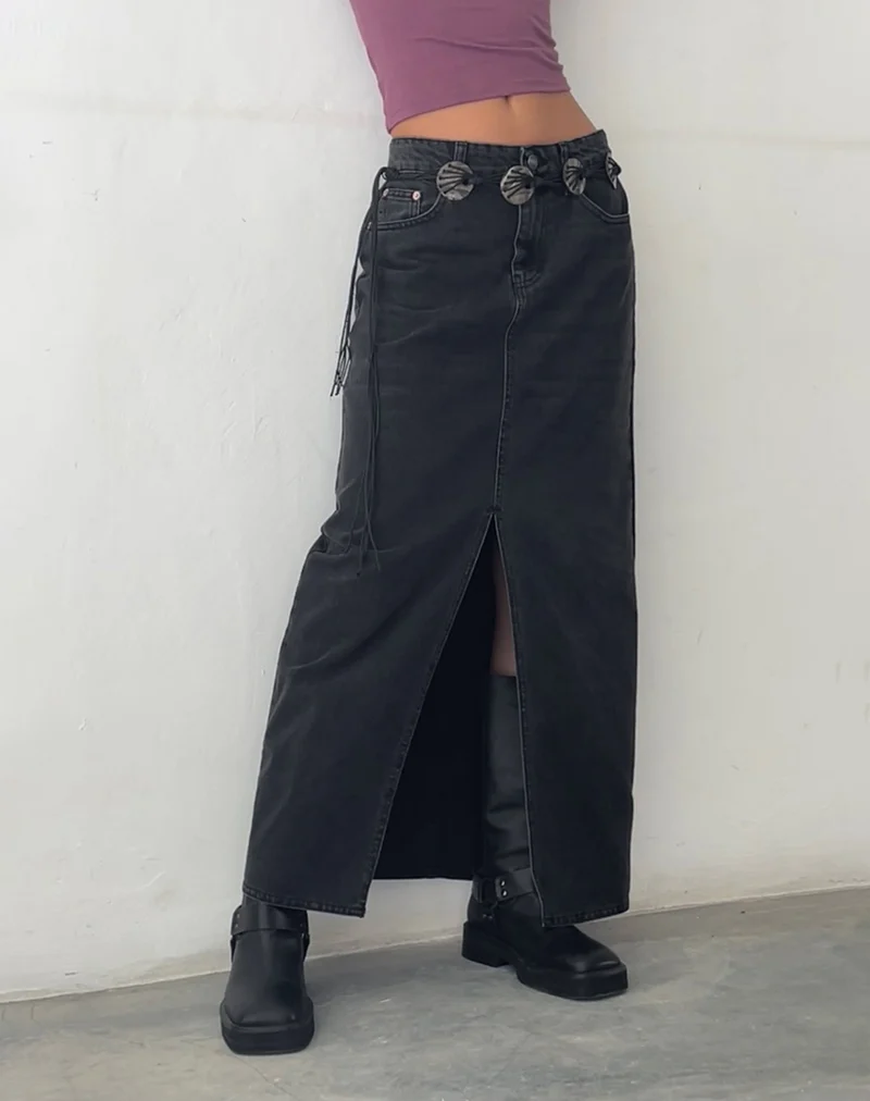 Jupe longue en denim à taille basse, noir vintage