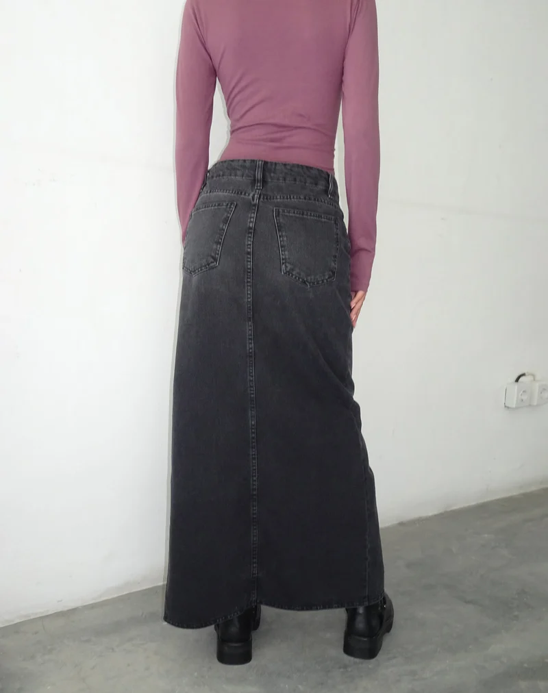 Jupe longue en denim à taille basse, noir vintage