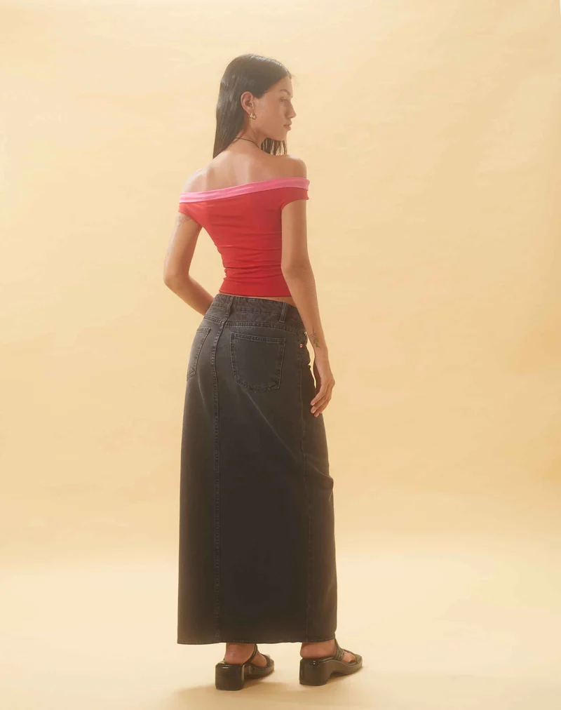 Jupe longue en denim à taille basse, noir vintage