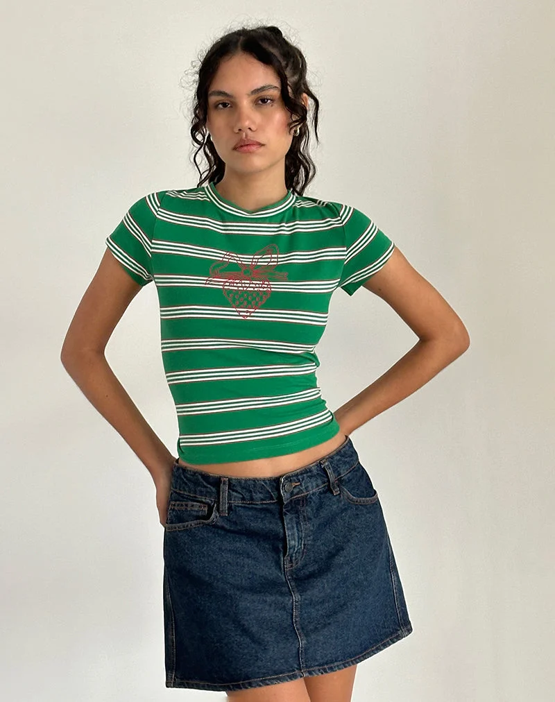 Tee-shirt en jersey Glenda à rayures vertes et blanches avec motif de fraises