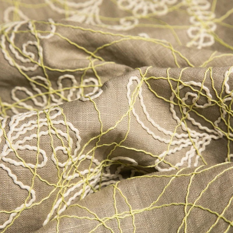 Coton brodé texturé | Taupe, ivoire & jaune | Deadstock de maison de luxe