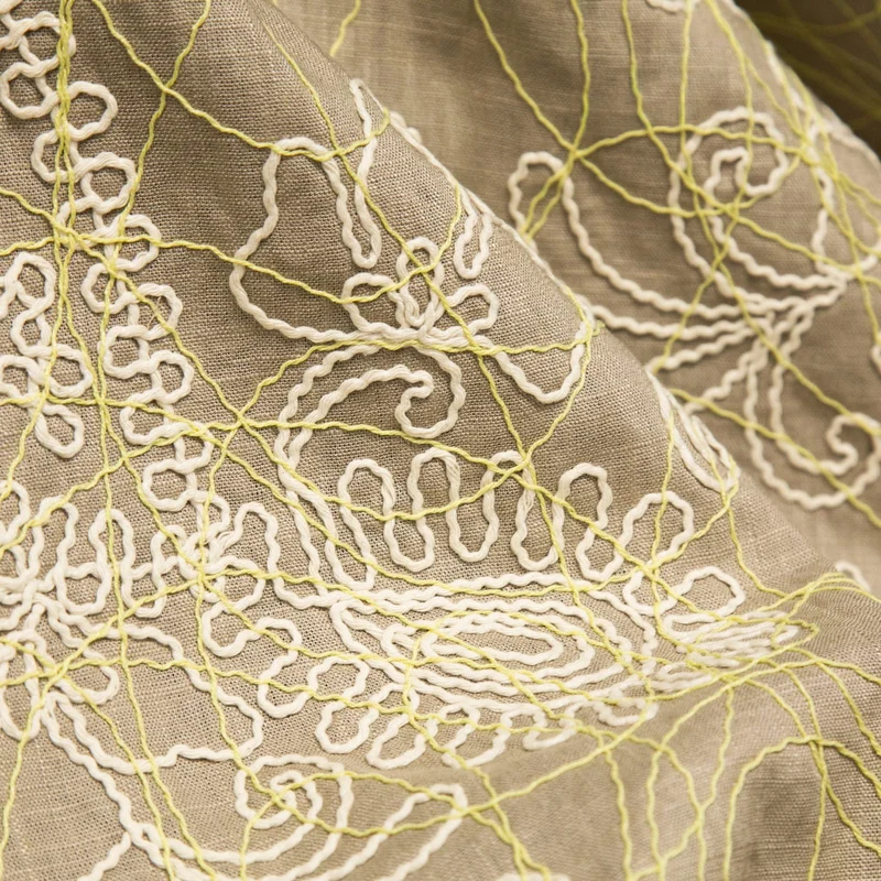 Coton brodé texturé | Taupe, ivoire & jaune | Deadstock de maison de luxe