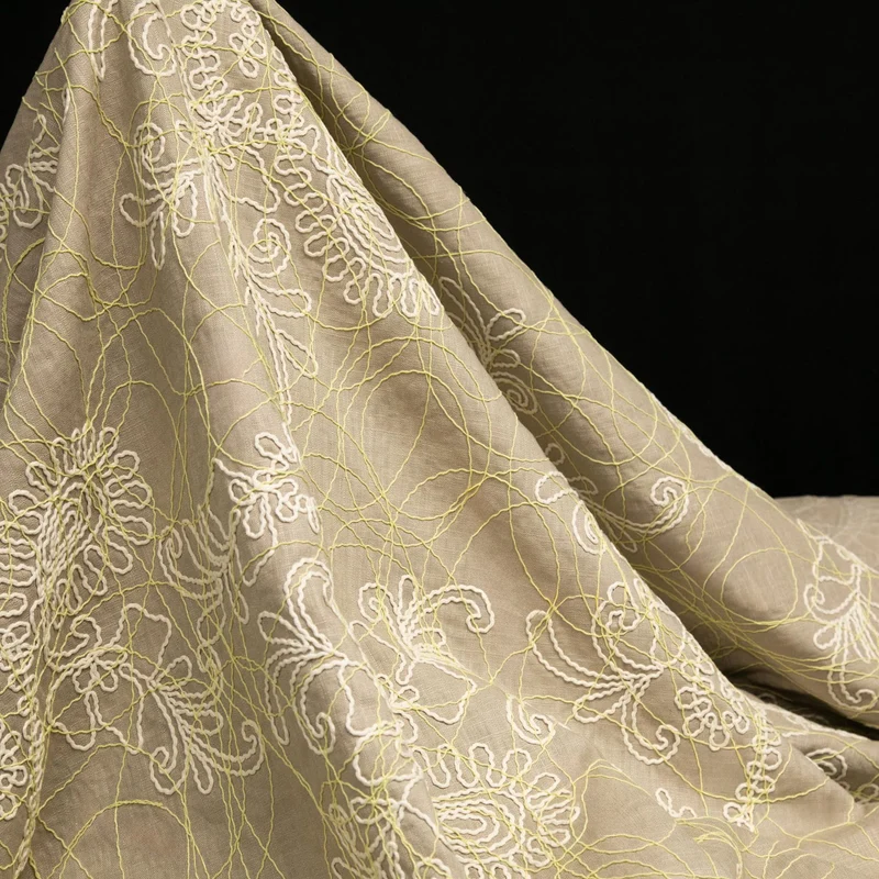 Coton brodé texturé | Taupe, ivoire & jaune | Deadstock de maison de luxe