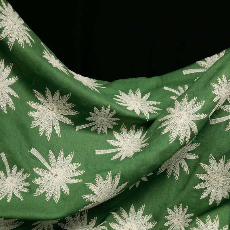 Coton brodé à motifs de palmiers | Vert & ivoire | Deadstock de maison de luxe