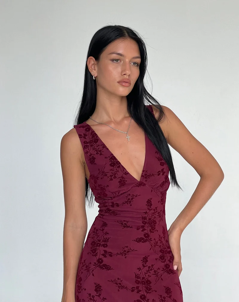 Robe midi Gabriela, Botanical Flower Maroon