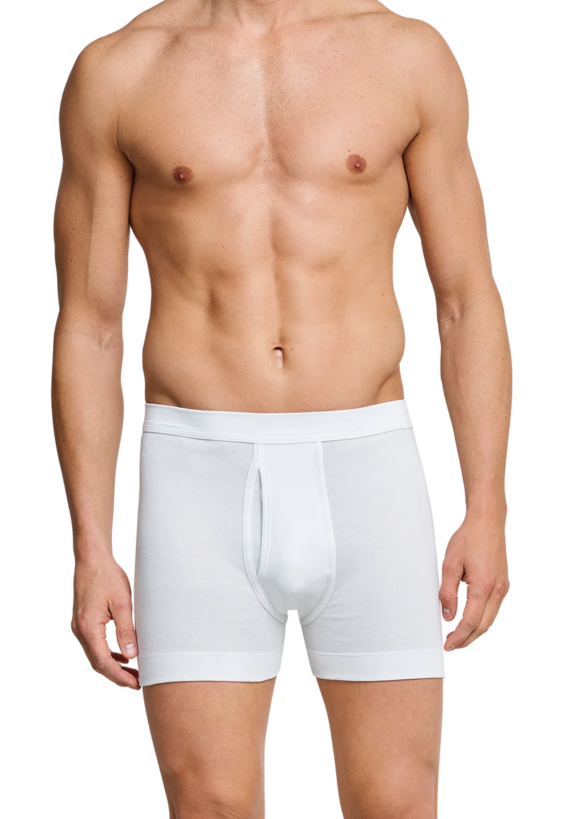 Enge Boxershorts lang Feinripp mit Eingriff Weiss - Essentials
