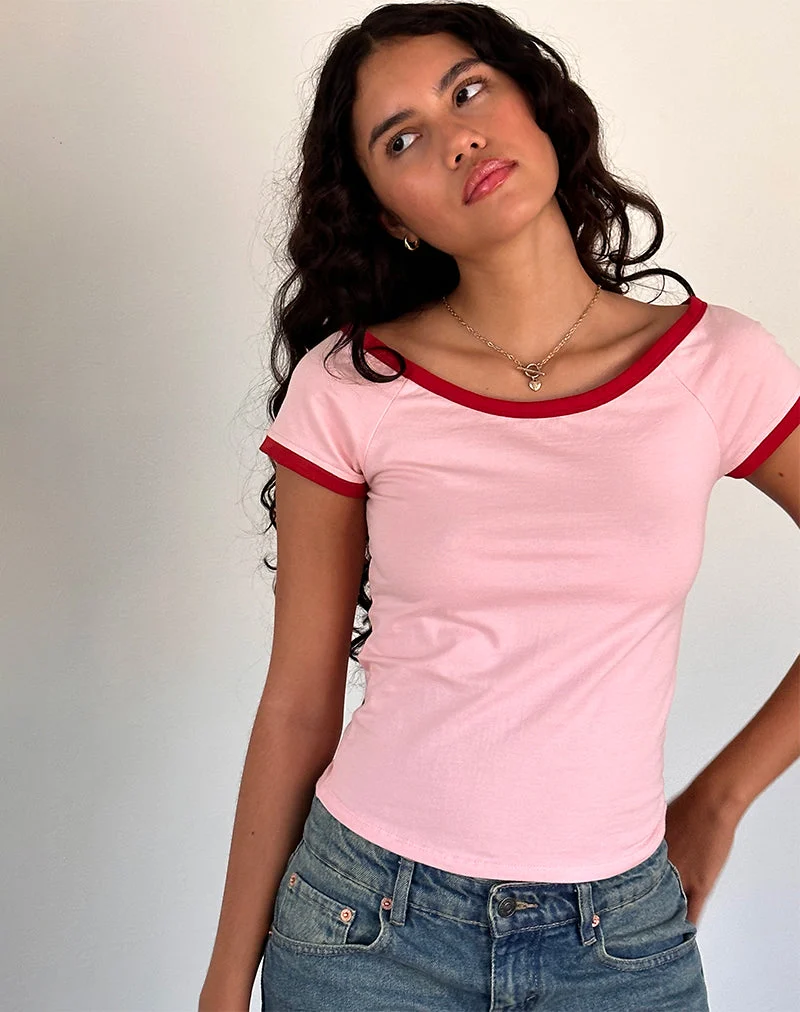 Top Bitha en rose ballet avec reliure rouge adrénaline