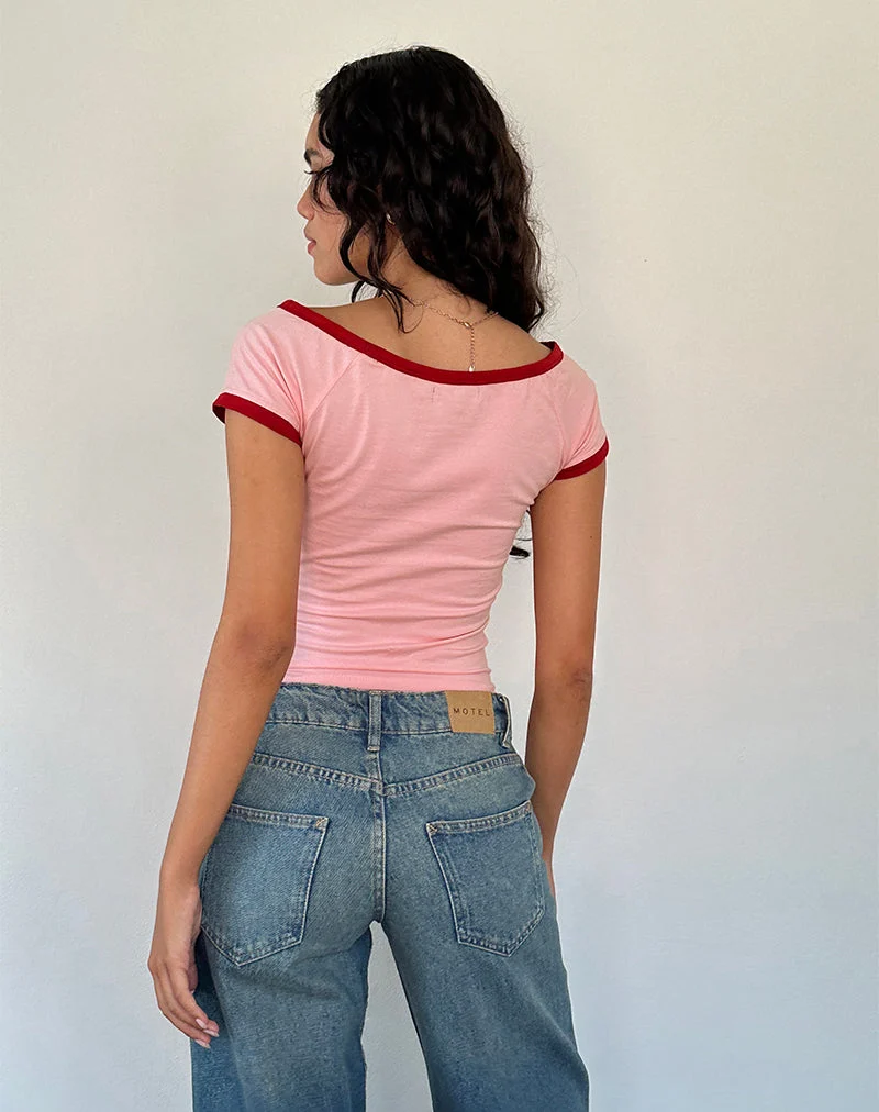 Top Bitha en rose ballet avec reliure rouge adrénaline