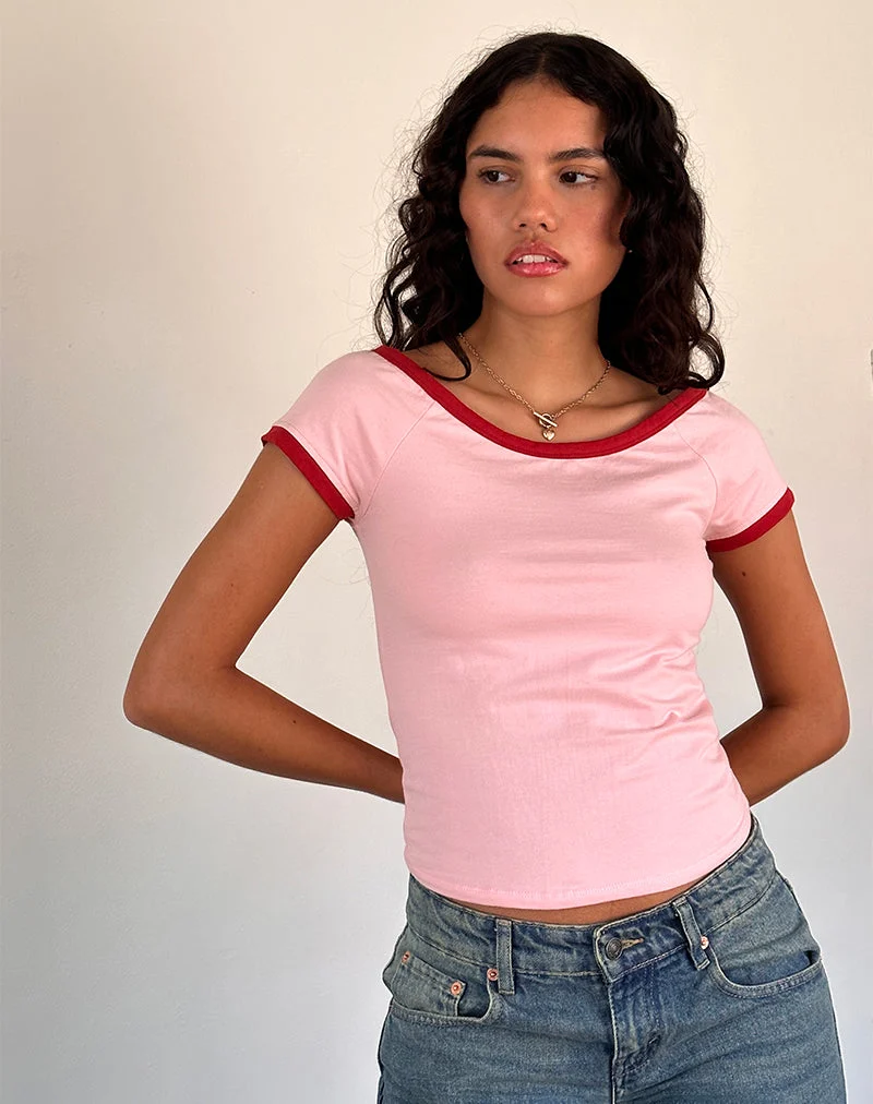 Top Bitha en rose ballet avec reliure rouge adrénaline