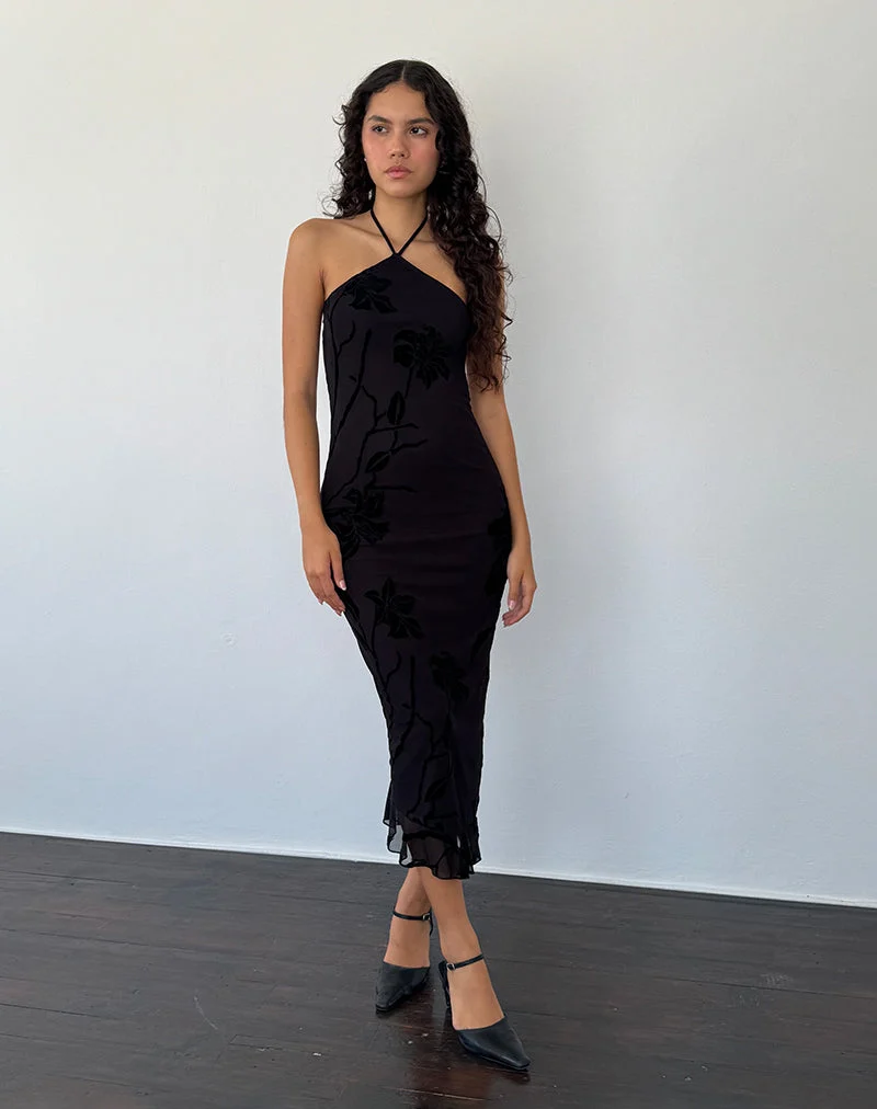 Ribka - Robe midi à encolure dégagée - Orchids Flock - Noir