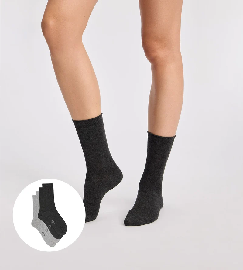 Lot de 2 chaussettes femme gris clair, gris anthracite Modal