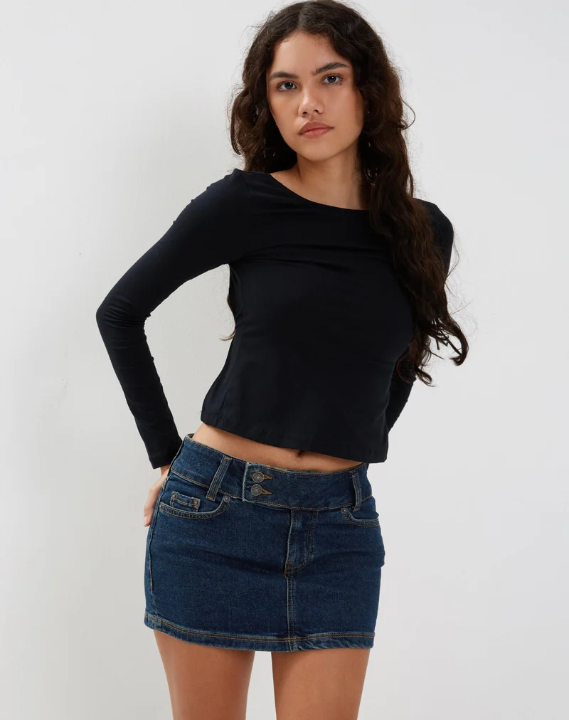 Minijupe en denim à taille basse, délavage vintage foncé