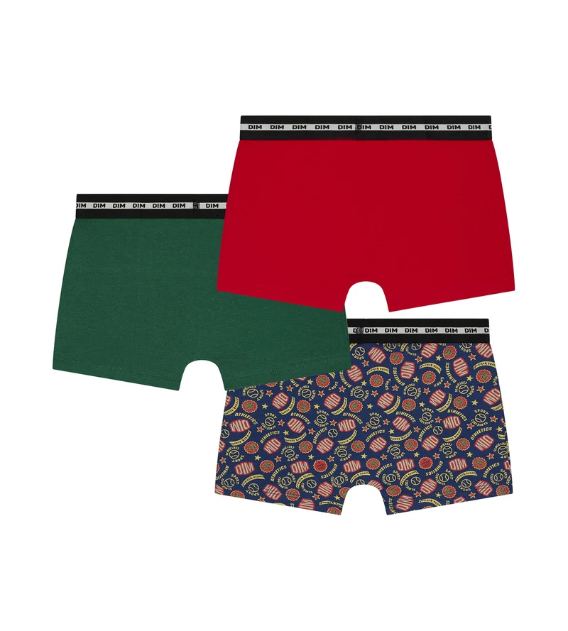 Lot de 3 boxers enfant Rouge Vert logotypés Dim Coton Stretch