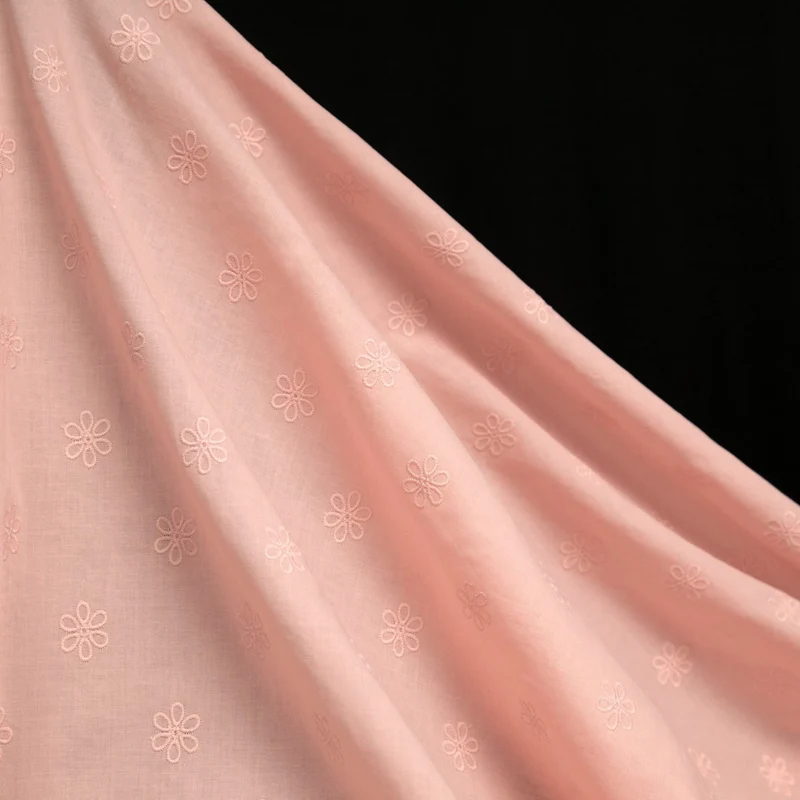Voile de coton brodé | Mini fleurs roses | Deadstock de maison de luxe