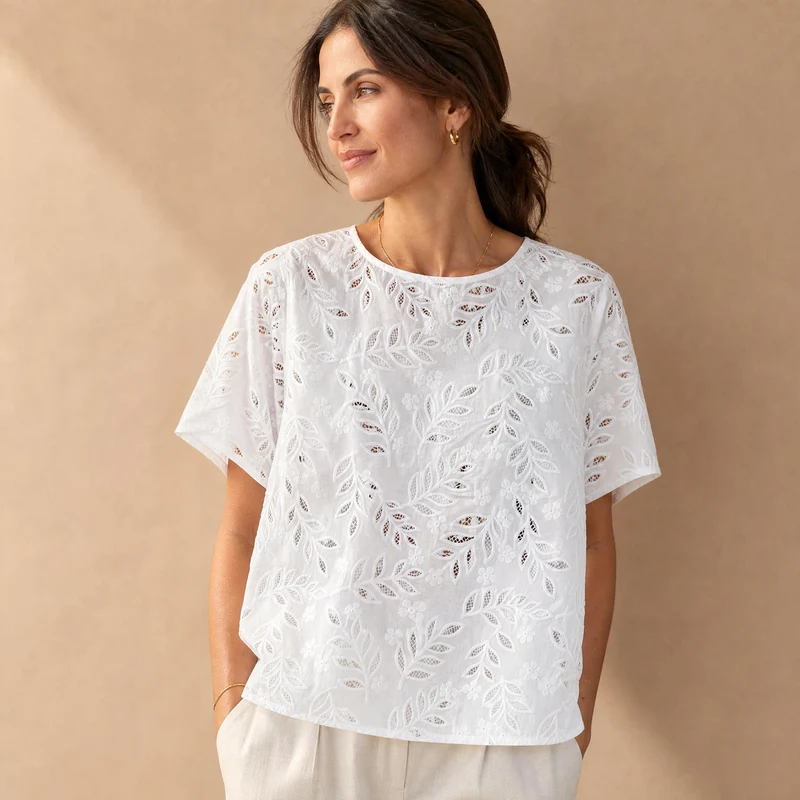 Coton brodé ajouré botanique | Blanc | Deadstock de maison de luxe