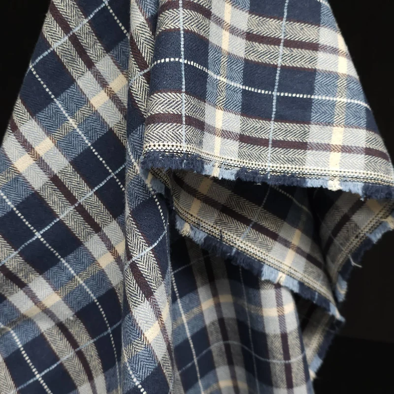 Flanelle de Coton | Qualité Supérieure | Carreaux | Tissé Teint | Bleu & Crème | 73 cm | Fin de rouleau