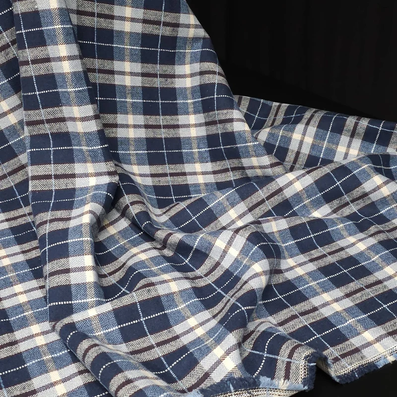 Flanelle de Coton | Qualité Supérieure | Carreaux | Tissé Teint | Bleu & Crème | 73 cm | Fin de rouleau
