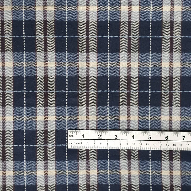 Flanelle de Coton | Qualité Supérieure | Carreaux | Tissé Teint | Bleu & Crème | 73 cm | Fin de rouleau