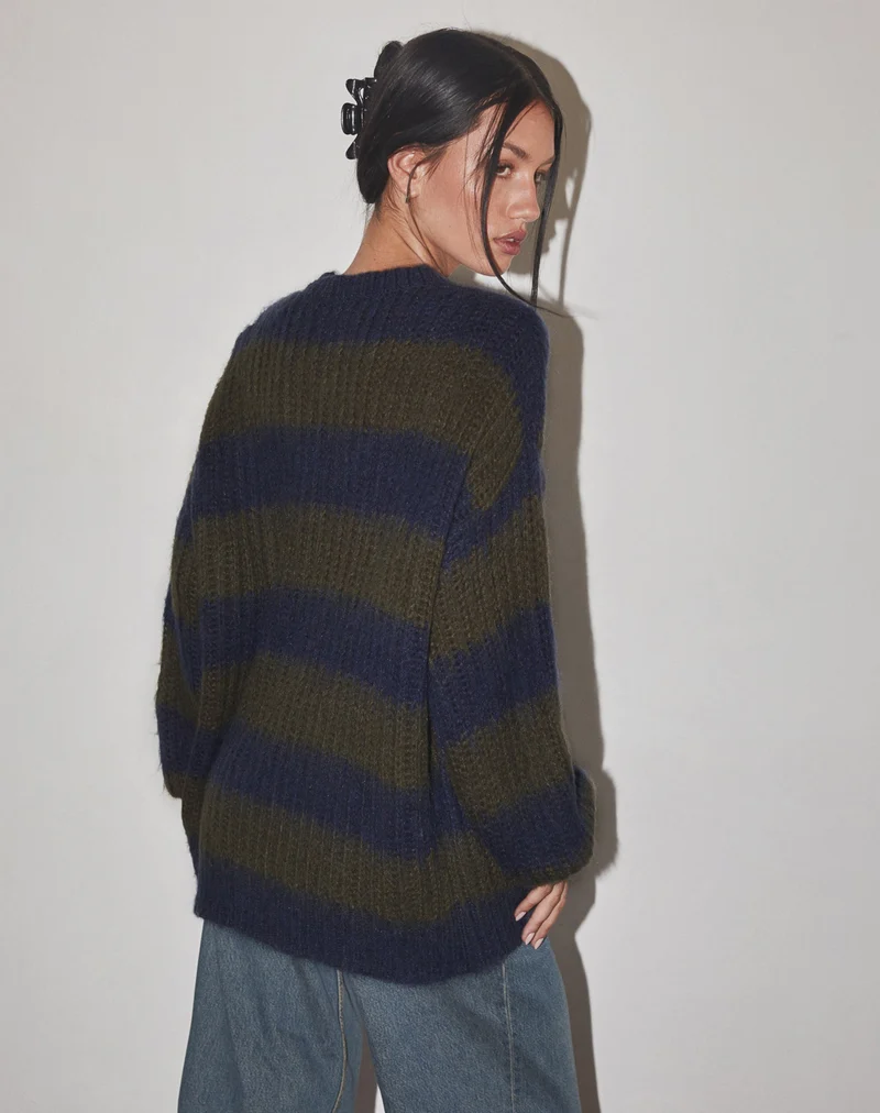 Pull oversize en tricot Daren à rayures kaki et bleu marine
