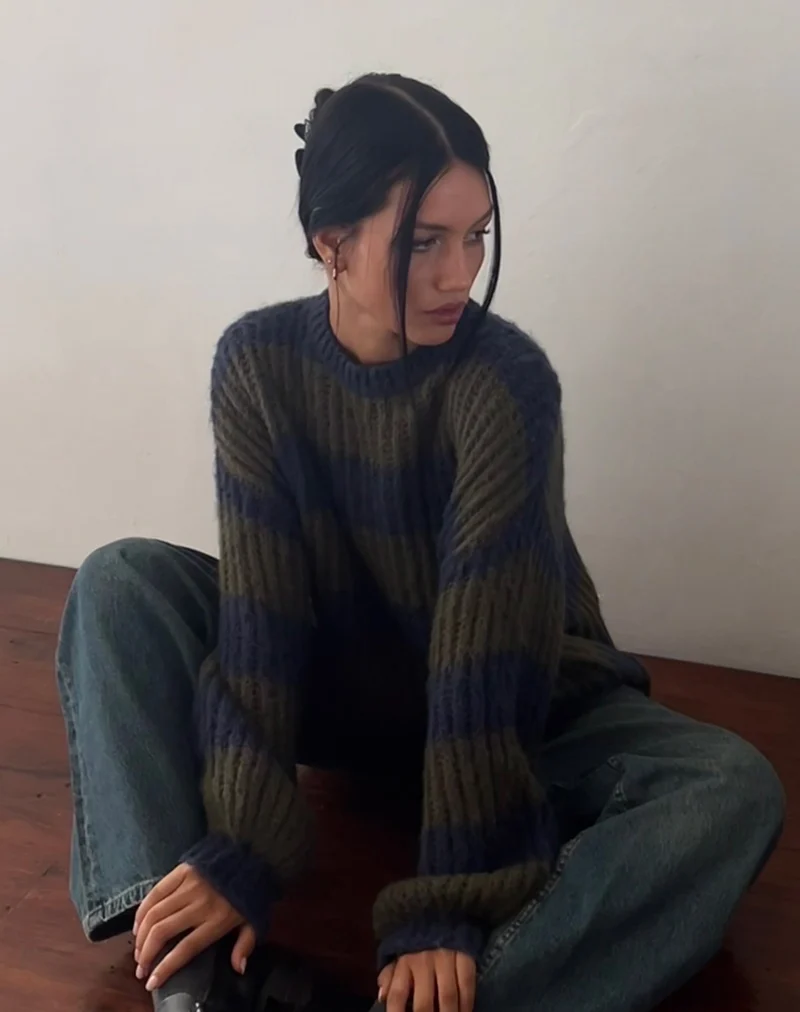 Pull oversize en tricot Daren à rayures kaki et bleu marine