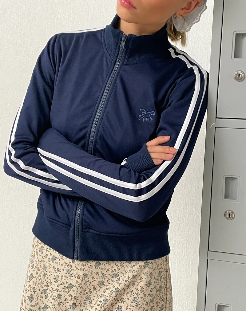 Pull zippé Orion en bleu marine avec rayures blanches et broderie M