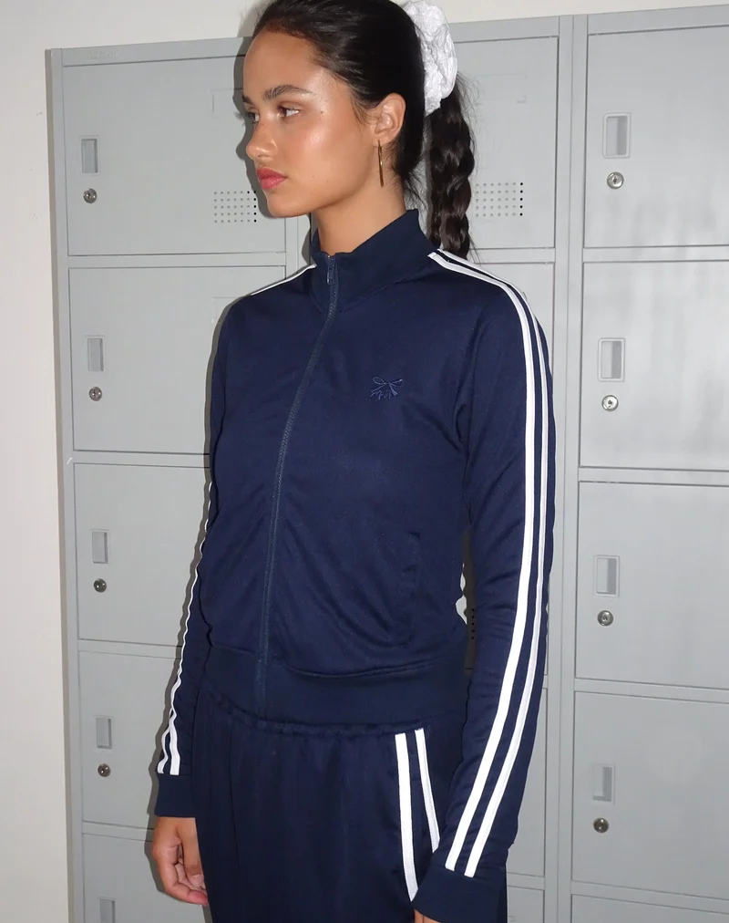 Pull zippé Orion en bleu marine avec rayures blanches et broderie M