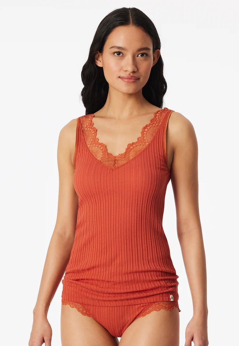 Tank Top Feinripp V-Ausschnitt mit Spitze Orange - Revival Marie
